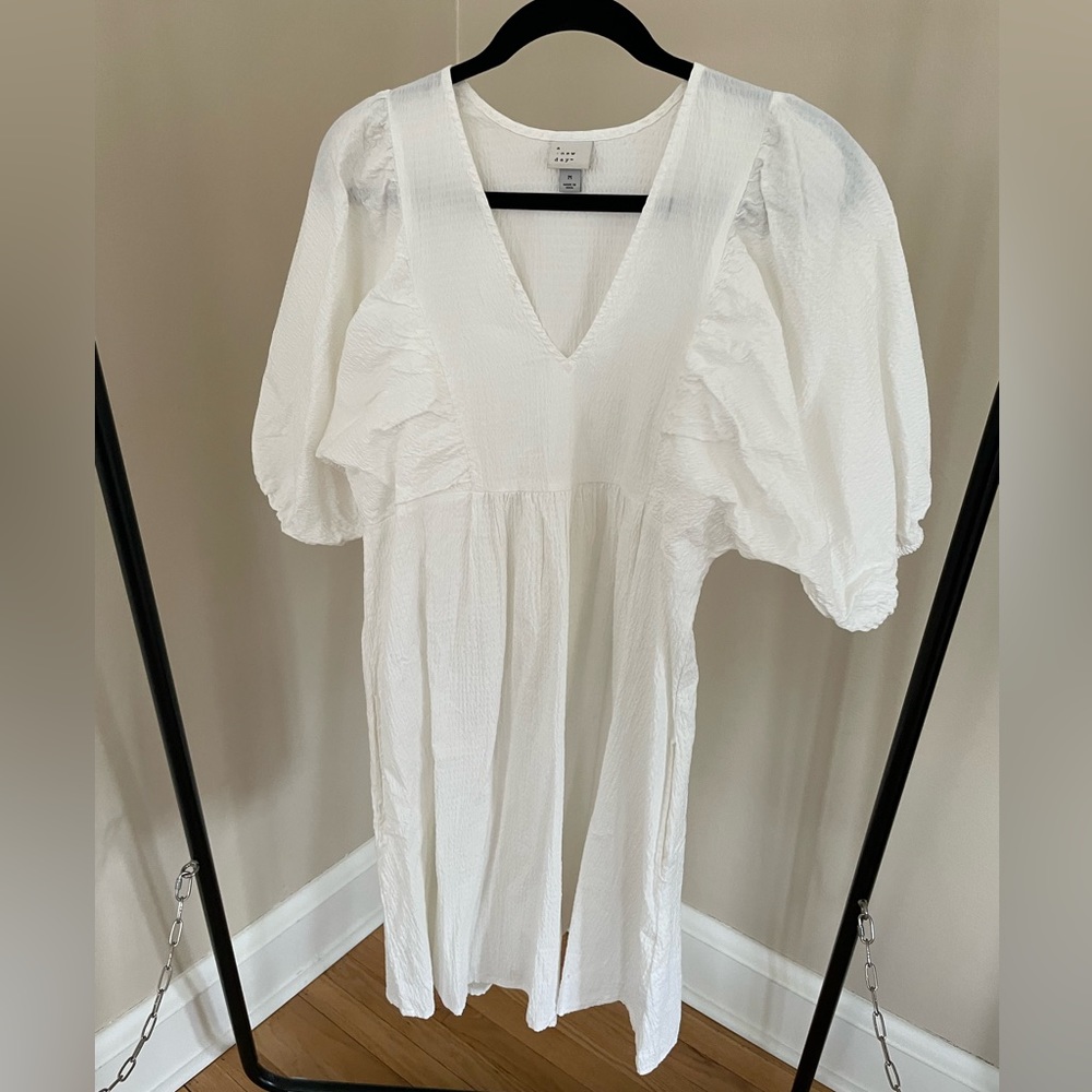 White Midi Dress with Puff Sleeves - Women’s Size Medium